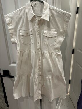 Flying Tomato Cream Button-Front Tiered Dress